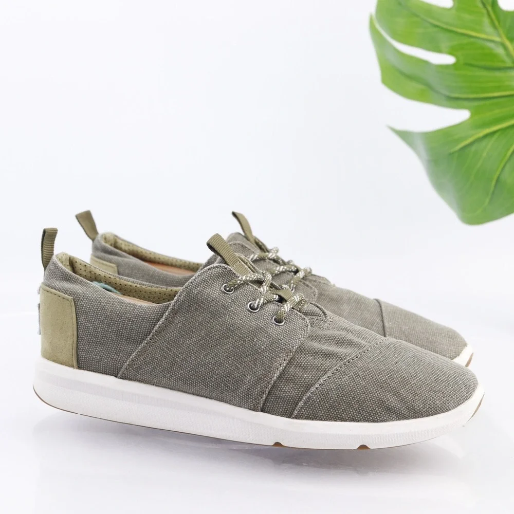 Toms Womens Del Rey Sneaker Size 9 Olive Green Canvas Lace Up Comfort Shoe Sport